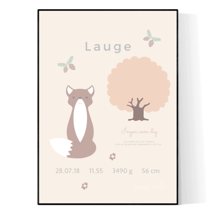 beige fødselsplakat med brun ræv, personlig til barn med navn, fødselsdato og detaljer fra nordicsimply