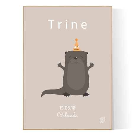 ysebrun plakat med tegning af odder dreng med hat, personlig plakat til barn med navn, fødselsdato og by fra nordicsimply