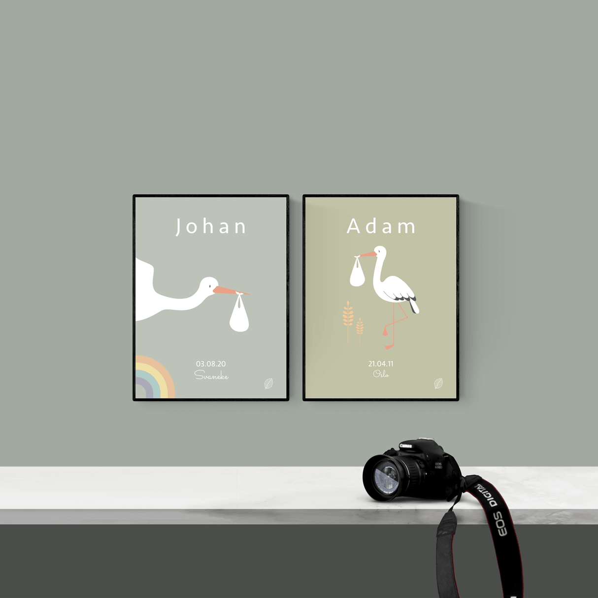 olivengrøn plakat med tegning af stork der står med bylt, personlig plakat til barn med navn, fødselsdato og by fra nordicsimply