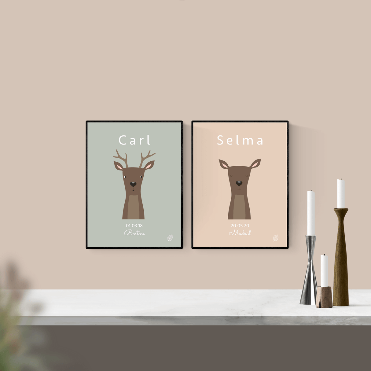 lys rosa plakat med tegning af rådyr pige, personlig plakat til barn med navn, fødselsdato og by fra nordicsimply