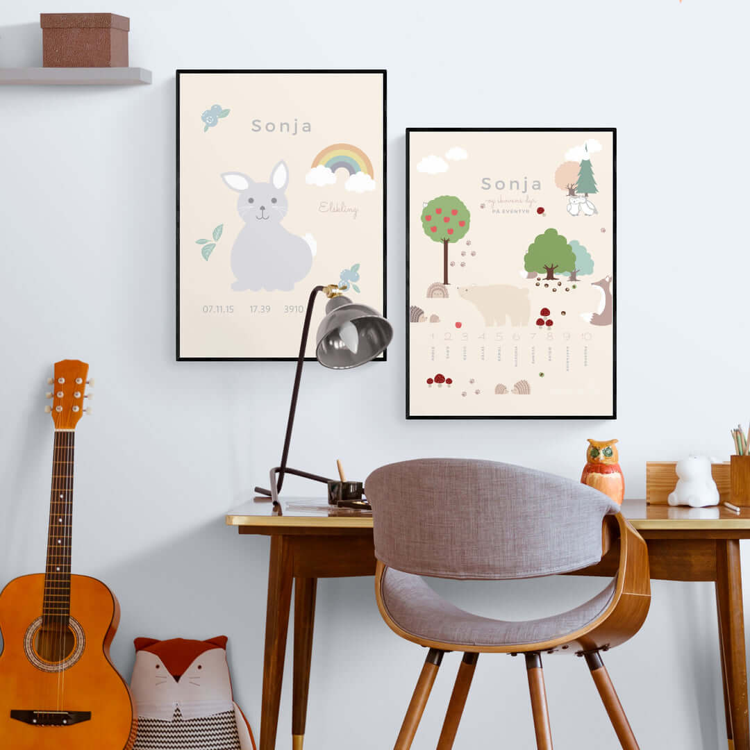 tæl til 10 plakat med dyr og barnets navn på beige baggrund fra nordicsimply