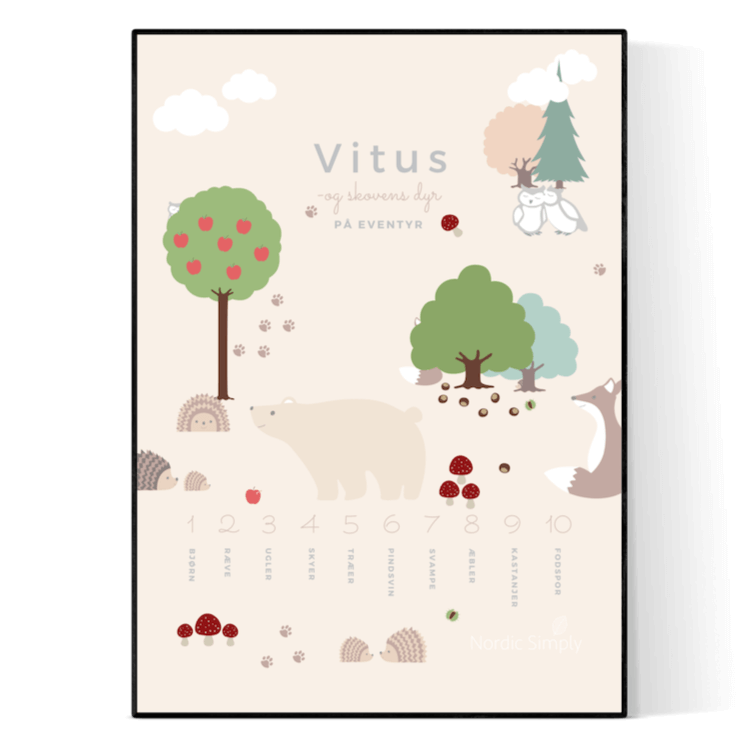 tæl til 10 plakat med dyr og barnets navn på beige baggrund fra nordicsimply