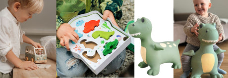 børn med legetøj, dreng med grøn hvid retro-bus i træ, æske med dino-fingerfarver- grøn dino-hoppedyr. Kvalitetslegetøj set hos Nordic Simply