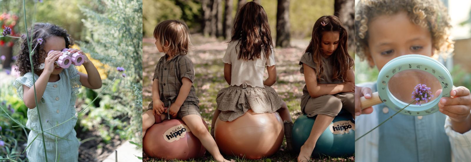 børn leger ude i naturen med forstørrelsesglas, hoppebolde og kikkert