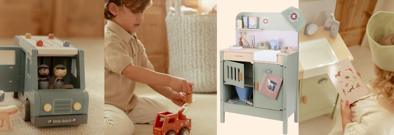 kvalitetslegetøj set hos Nordic Simply, politibil i træ, dreng med brandbil i træ samt dyrlægeklinik i træ