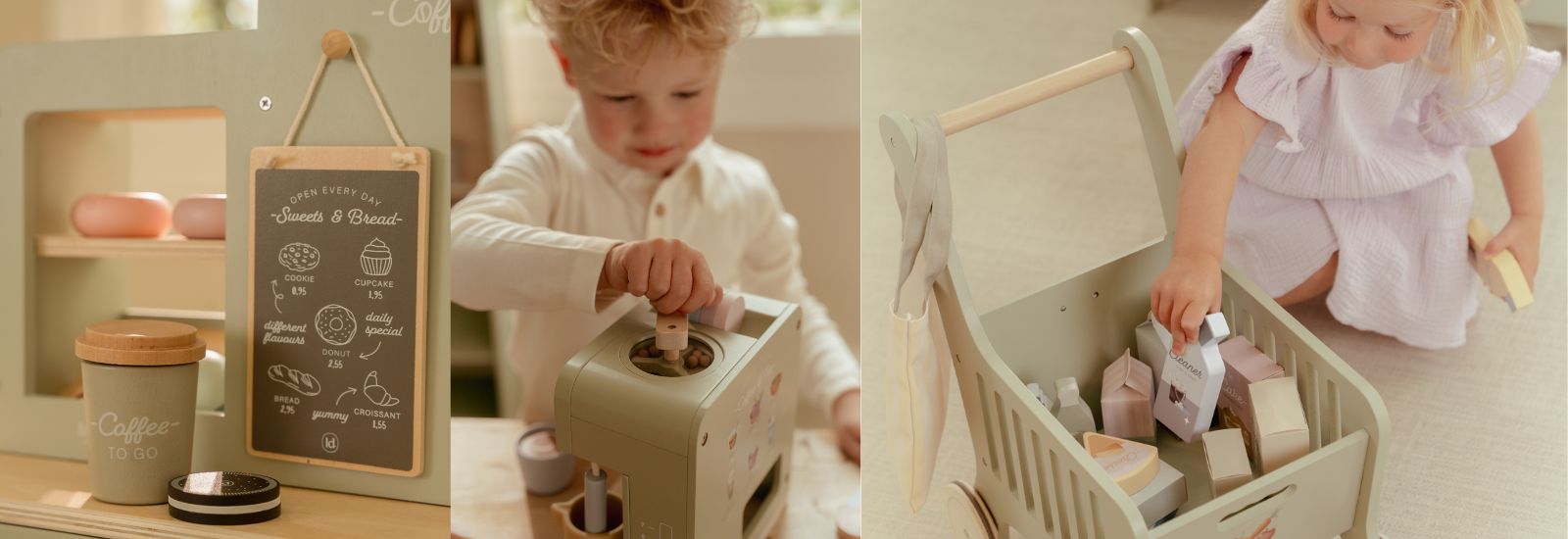børn med kvalitetslegetøj i træ til butiksleg, her ses cafe, stor kaffemaskine og indkøbsvogn i lys grøn 