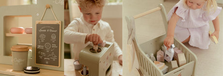 børn med kvalitetslegetøj i træ til butiksleg, her ses cafe, stor kaffemaskine og indkøbsvogn i lys grøn 