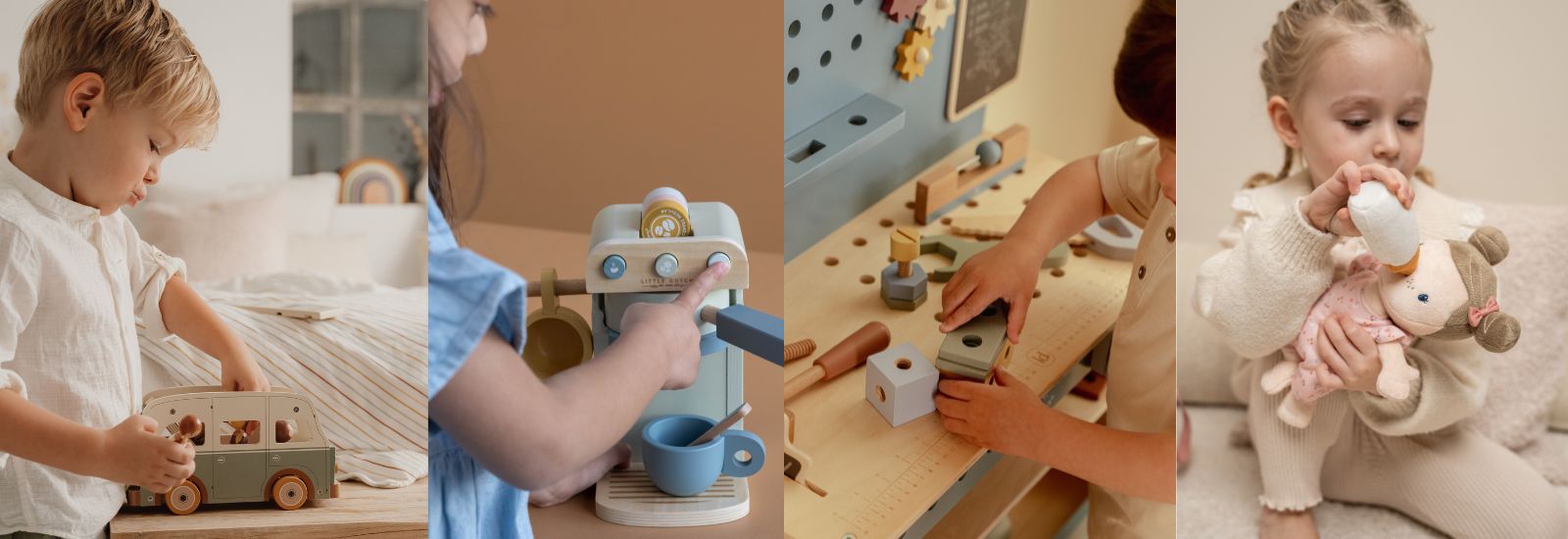 børn med kvalitetslegetøj, her ses dreng med retro-camper i træ, barn med kaffemaskine, barn med legeværktøj og pige med rosa dukke, legetøj set hos danske Nordic Simply