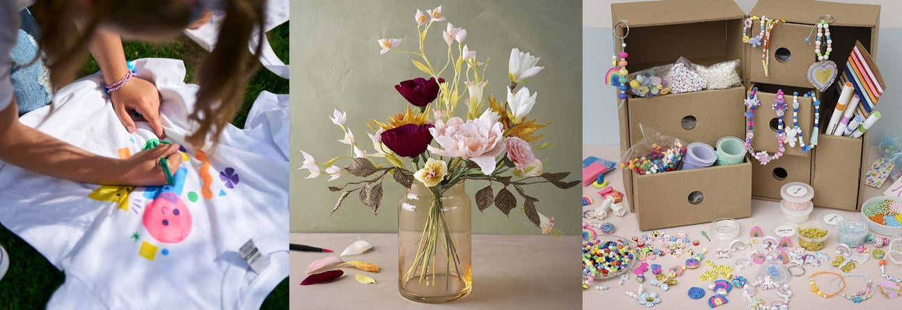 DIY og Krea hos Nordic Simply, her ses barn der tegner på t-shirt med tekstiltuscher, vase med DIY blomster lavet i crepepapir og stor kommode i pap med alt til at lave smykker.