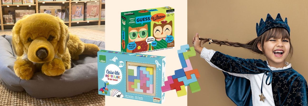 Stor golden retriever hundebamse i grå hundekurv, 2 spil til børn, pige i blå kappe med blå krone, julegaver til børn 5 år hos Nordic simply