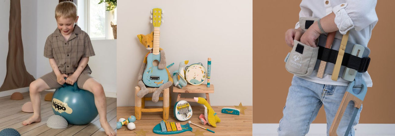 dreng på blå hoppebold i stue,  lyseblå guitar i træ,dreng med værktøjsbælte i træ, julegaver til dreng 4 år hos Nordic Simply