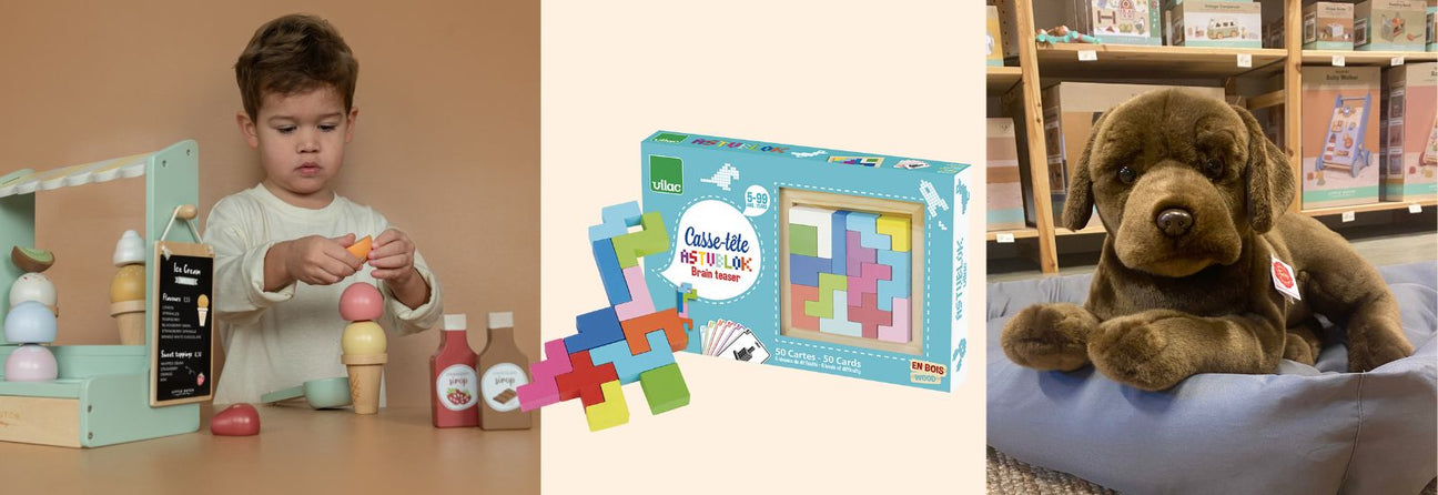 dreng med isbutik i træ, hjernevriderspil i træ, stor brun labrador bamsehund i hundekurv, julegaver til dreng 5 år hos Nordic Simply