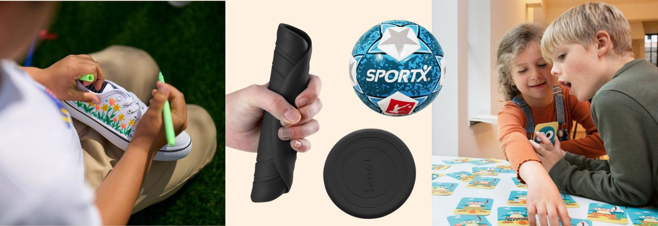 dreng 8 år tegner på sneakers med tekstil-tuscher, hånd med frisbee, blå fodbold, børn med puslespil, idéer til gode julegaver 8-årig dreng hos Nordic Simply