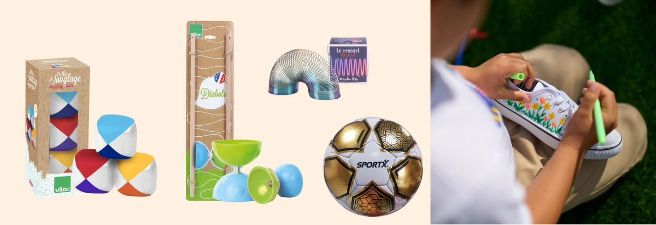 jonglørbolde, diabolo, gående fjeder og fodbold samt dreng på 9 år, tegner på sneakers, inspiration til julegave 9-årig dreng hos Nordic Simply