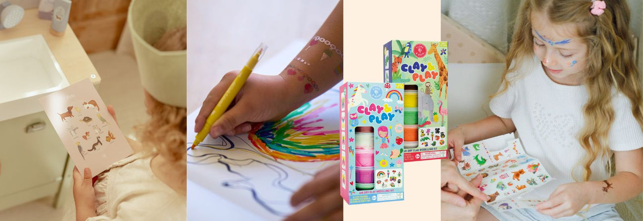 kollage: 6 årig pige med dyrlægesæt, pige tegner, legeler til børn fra 6 år, pige med sticker bog, inspiration til gode julegaver 6-årig pige hos Nordic Simply