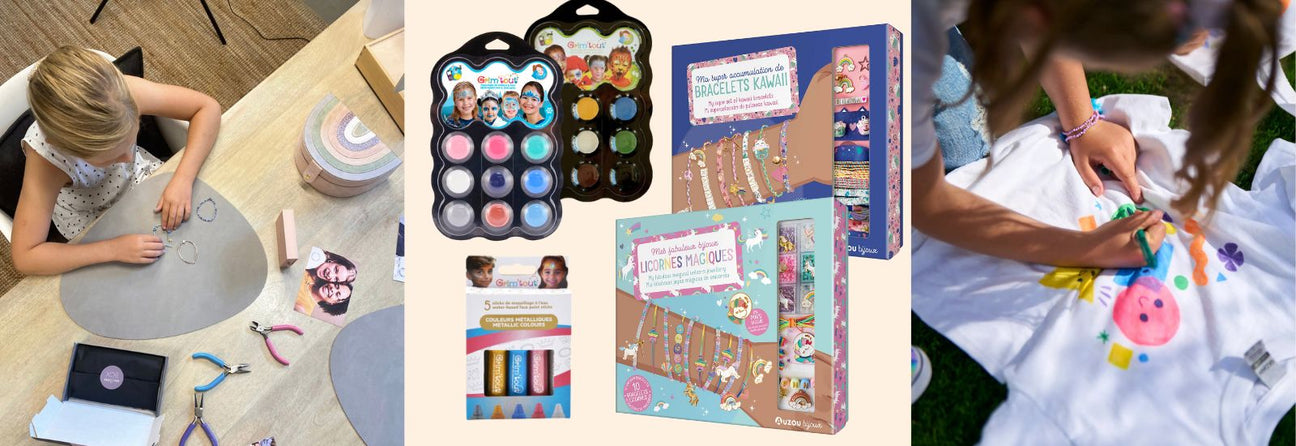 kollage af billeder med julegaver til 8-årig pige, pige laver smykker, ansigtsmaling, smykkesæt, pige tegner på t-shirt med tekstiltuscher, inspiration til gode julegaver 8-årig pige hos Nordic Simply