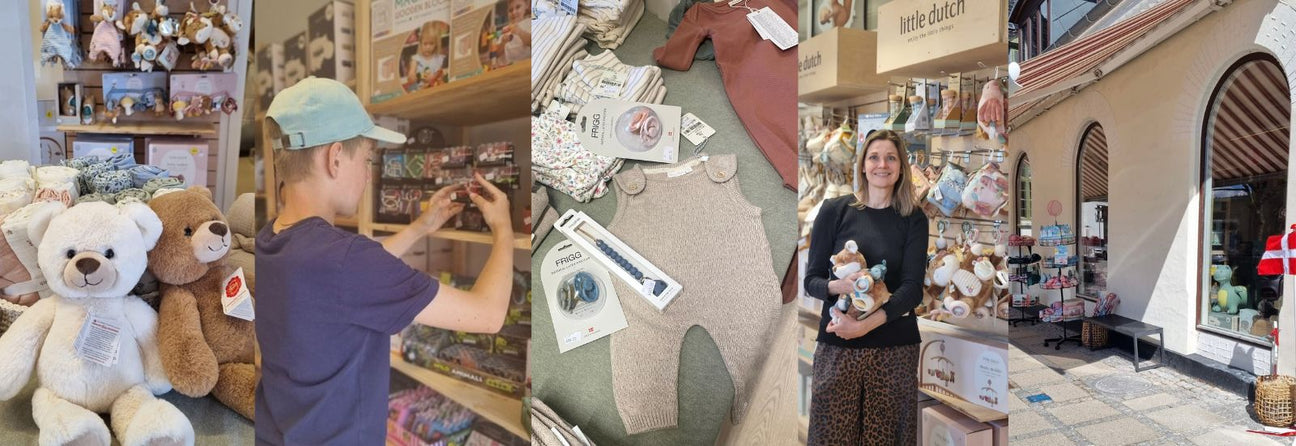 kollage med billeder fra Nordic Simply legetøjsbutik i Store Heddinge nær Køge, på billederne ses bamser, krea, barn med legetøjsbiler, babytøj, Rikke med legetøj og butiksfacaden udefra