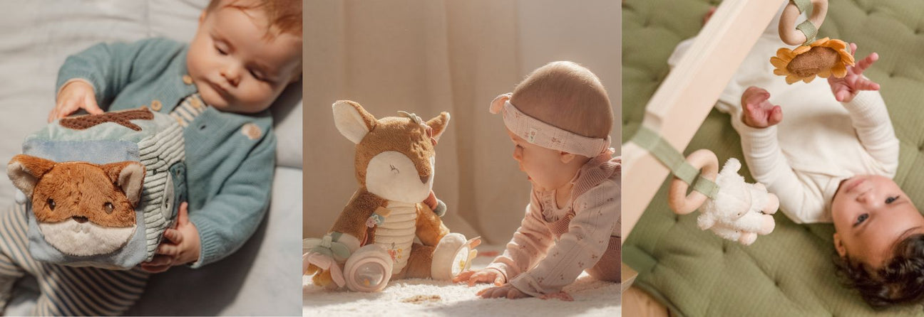 3 fotos i 1, baby dreng med blå aktivitetsterning, baby pige med rådyr aktivitetsbamse med rosa detaljer, baby ligger på grønt legetæppe under aktivitetsstativ, aktivitetslegetøj baby hos Nordic Simply