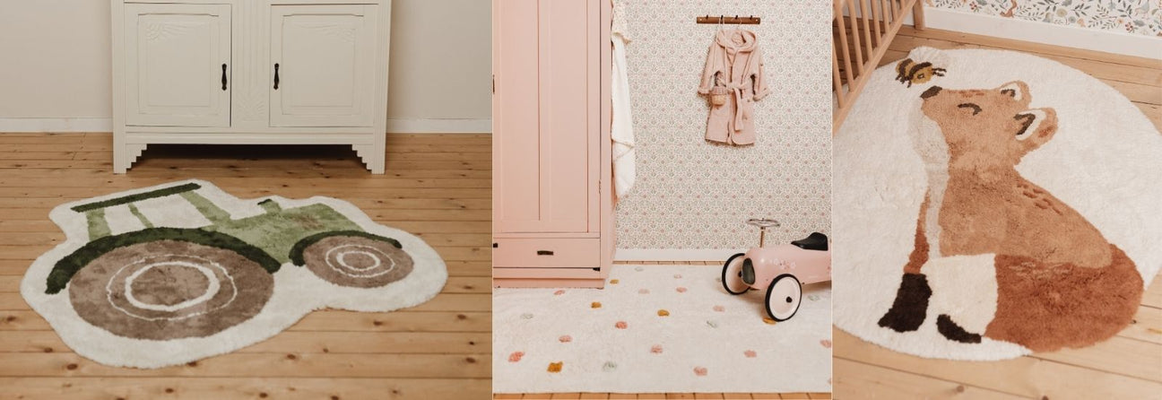 Gulvtæppe formet som traktor, prikket gulvtæppe og rundt gulvtæppe med ræv, gulvtæpper til børneværelset set hos danske Nordic Simply