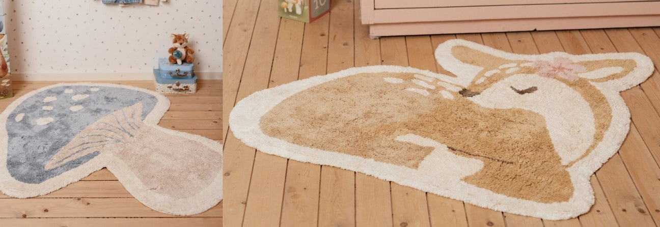 legetæppe formet som blå svamp set i børneværelse og legetæppe med rådyr set på trægulv, find legetæpper hos danske Nordic Simply