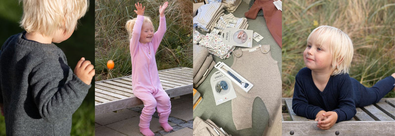 Børn i babytøj fra Nordic Simply, her ses barn i Joha ulddragt, pige i rosa heldragt, Beige heldragt fra Little Dutch på bord med tilbehør og dreng i navy heldragt fra Joha