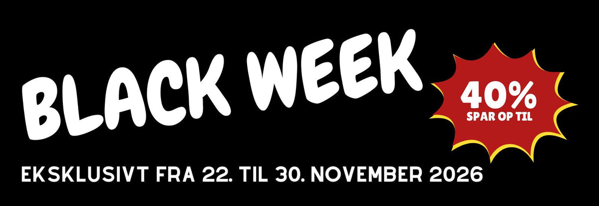 black week på legetøj, sort banner med hvid tekst. Nordic Simply holder black week fra 22. til 30. november 2026 med black week kollektion, rabatter op til 40 procent 