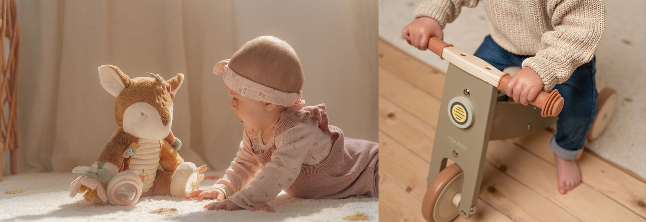 baby med aktivitetsbamse og barn på trehjulet balancecykel fra Little Dutch - begge dele egner sig flot som dåbsgave til pige og dreng fås hos Nordic Simply