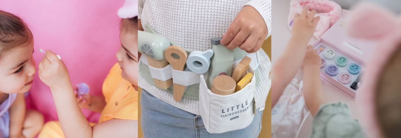 kollage a 3 billeder med børn der leger skønhedssalon med lege make-up og frisør med frisørsæt i bæltetaske. Legetøj til at lege frisør og salon hos Nordic Simply