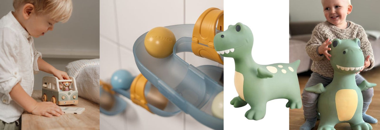 kollage af billeder med barn med camper i træ, blå kuglebane til badet og grøn dino hoppedyr, perfekt legetøj som gave til 3 årig dreng, fås hos Nordic Simply