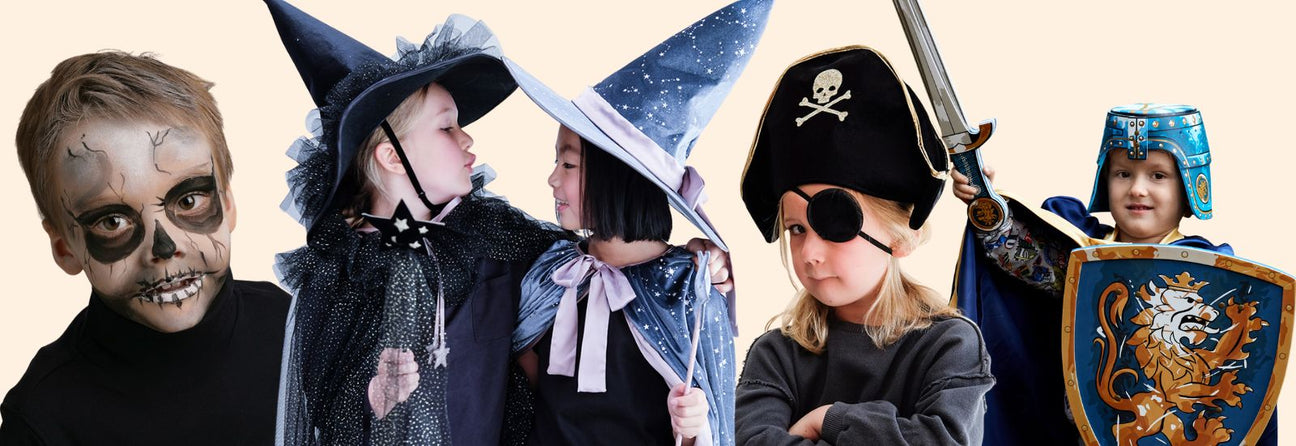 børn i halloween udklædning, dreng med ansigt malet som skelet, piger med heksehatte og kapper, barn med sort pirathat og øjeklap, dreng med skjold, sværd og hjelm, udklædning til Halloween hos Nordic Simply