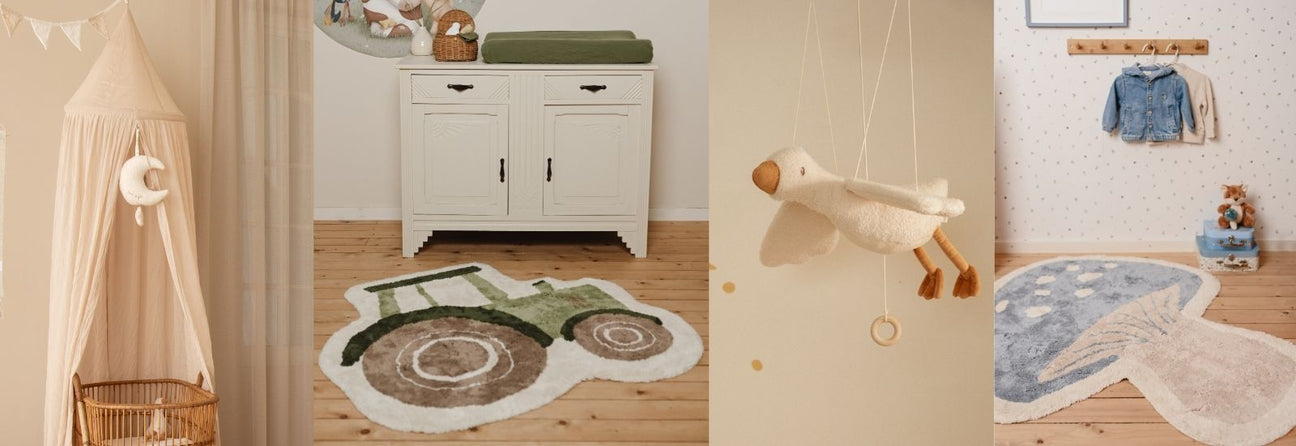 indretning i nordiske børneværelser, kollage af 4, 1 er lyst med beige sengehimmel, 2 er grønt med traktortæppe, 3 er lys lampe med gås, der hænger, 3 er blå, med svampegulvtæppe, indretning til børneværelset set hos Nordic Simply