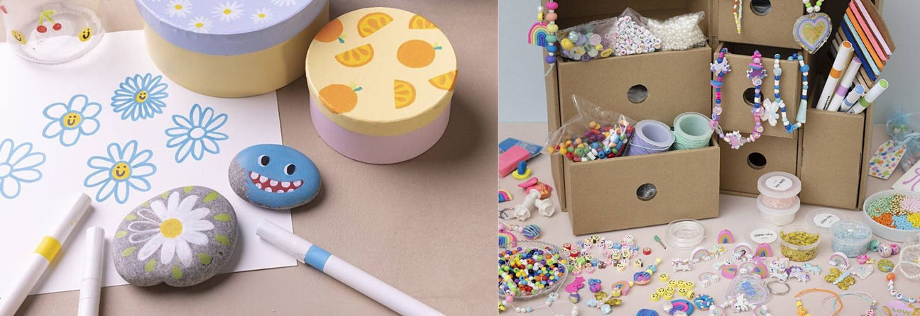 kreative ting til pige 6 år, her ses sten med stenmaling og stor kreativ boks i pap med masser af accessories dit barn selv kan lave til smykker.