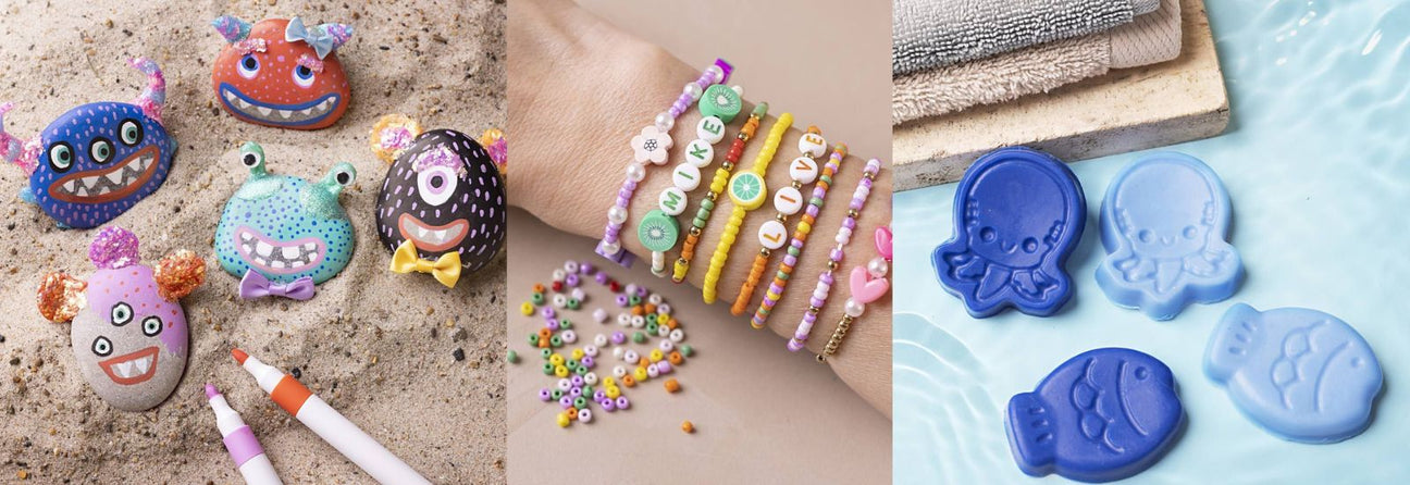 kreative ting til pige 7 år, her ses sten med stenmaling, diy armbånd i mange farver på arm og blå lav selv sæbe-fisk. Find  kreative ting til 7-årig pige hos danske Nordic Simply.
