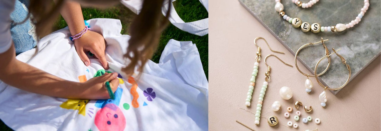 kreative ting til pige 10 år, tekstiltuscher der farver på hvid t-shirt, øreringe hoops og halskæde i pastelfarver med perler ting til kreativ pige på 10 år.