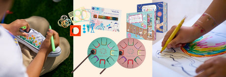 barn tegner med tekstil-tuscher, sansetrommer og smykkesæt, barn tegner på papir, kreativt legetøj til børn hos Nordic Simplykreativt legetøj, der fås hos Nordic Simply