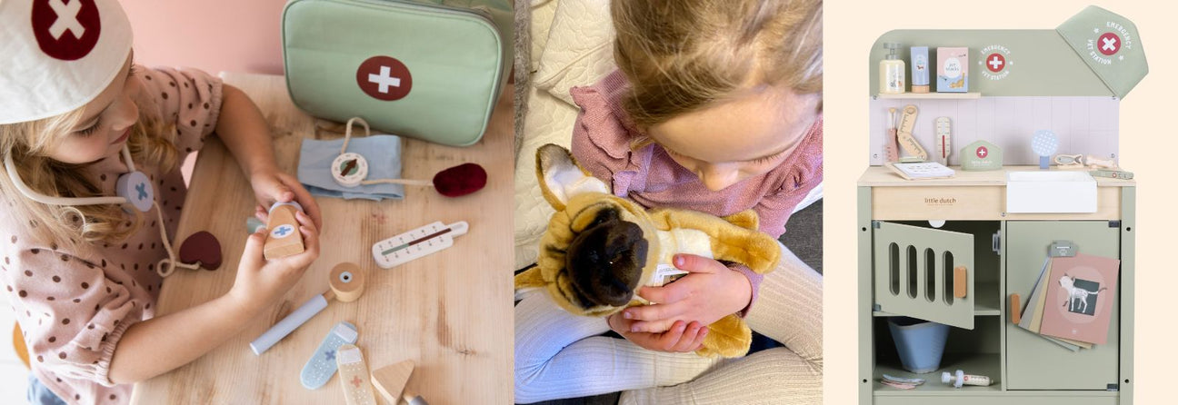 kollage a 3 billeder, billede 1 pige leger med læge legesæt, billede 2, barn krammer bamsehund, billede 3 dyrlægeklinik, find legetøj til læge og dyrlægeleg hos Nordic Simply