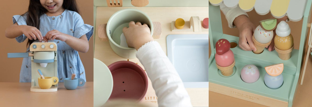 bornleger med lege-kaffemaskine, legekøkken og isbutik, legekøkken og legemad hos Nordic Simply