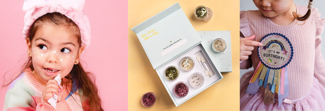 legetøj med glimmer, pige med lipgloss, glimmer-makeup til børn og fødselsdags-badge med glimmer, se mere legetøj med glimmer-tema hos Nordic Simply