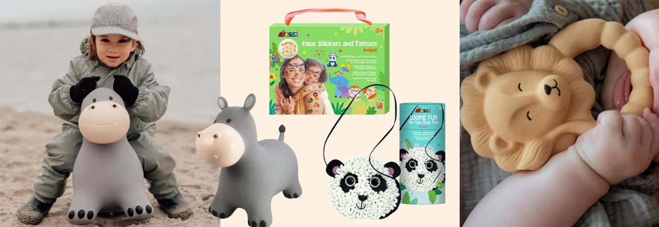 legetøj med vilde dyr, her ses barn på hoppedyr-flodhest, ansigtsstickers med vilde dyr og bidering med løve, se mere legetøj med teamet vilde dyr hos danske Nordic Simply