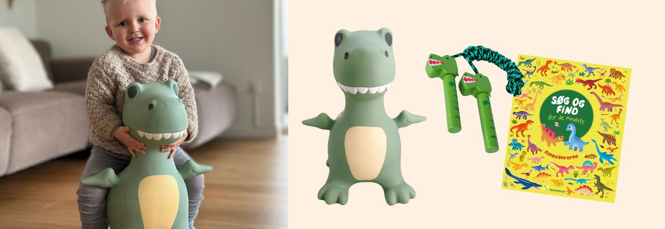 legetøj med dino, dreng på dino hoppedyr, grøn hoppedyr med dino, sjippetov med dinosaur og søg og peg bog med dinosaurer