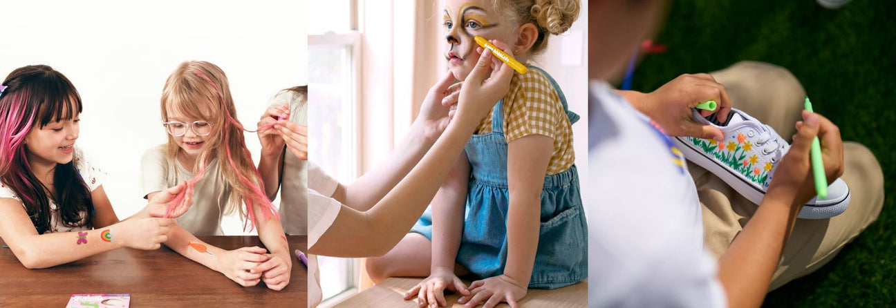 børn leger med hårfarver, ansigtsmaling og tekstiltuscher fra OOLY, fås hos Nordic Simply