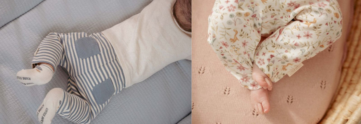 Leggings og bukser til baby hos Nordic Simply, her ses blå-stribede leggings på barn og rosa-blomstrede leggings på barn