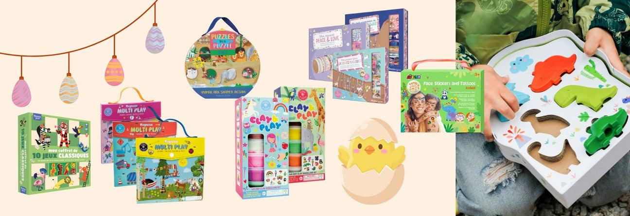 kollage med legetøj til påskeferie, spil, kreasæt, smykkesæt, lege-ler og hoppedyr, set hos Nordic Simply