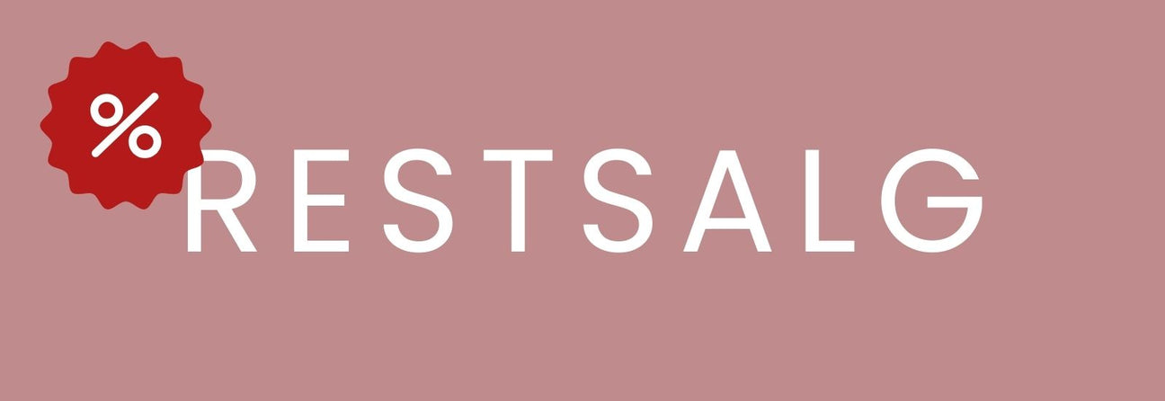 rosa banner med teksten RESTSALG i hvid og et hvidt procenttegn op rød baggrund i venstre side øverst. 