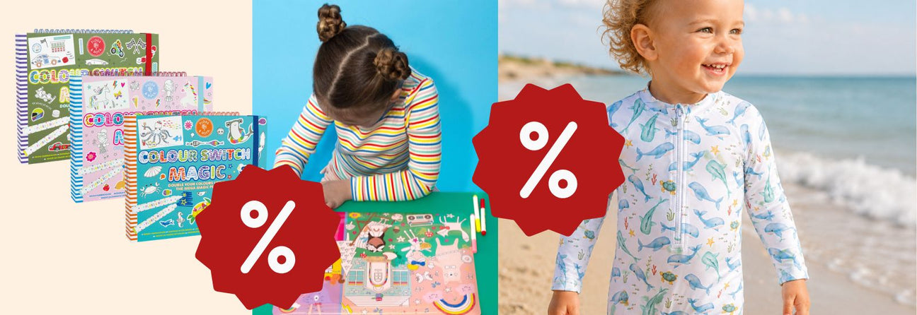 kollage med sommerlegetøj hos Nordic Simply, barn med tegnemåtte og barn i badedragt på strand, viser at der er sommerudsalg