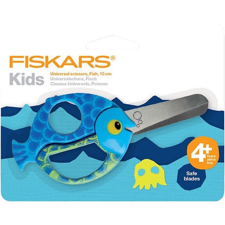 blå børnesaks fra Fiskars formet som fisk, brug som både højre og ventrehåndssaks