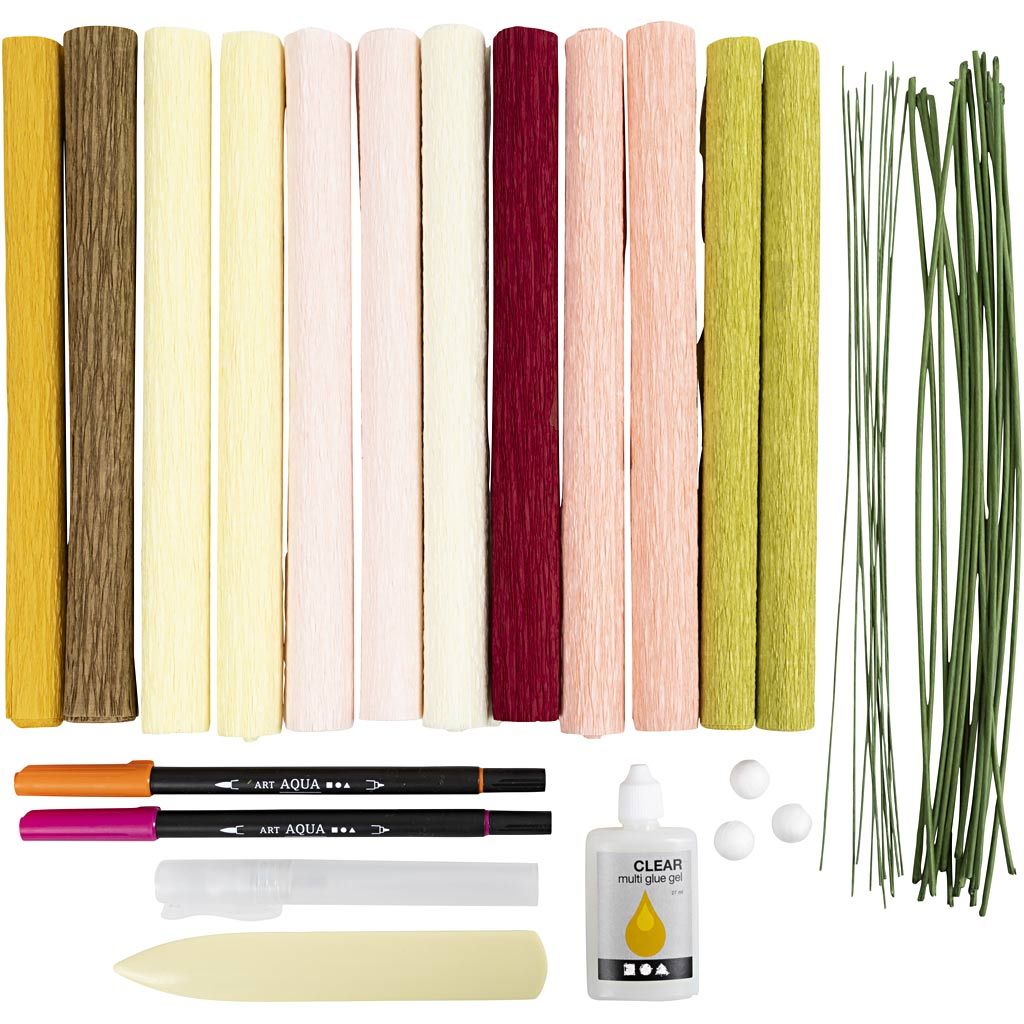 dele i æske til at skabe crepe blomster, DIY sæt til voksen med crepepapir, du selv laver blomster af.