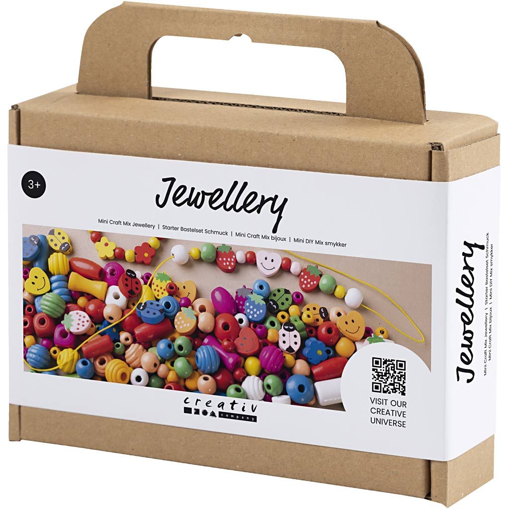 sæt med træperler i klare farver til kreativ leg til børn fra 3 år og op