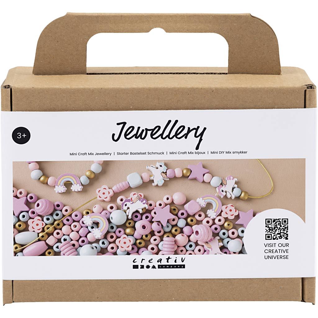 sæt med træperler i pastelfarver til kreativ leg til børn fra 3 år og op, med enhjørninge, stjerner, regnbuer med mere. Her set i æske forside