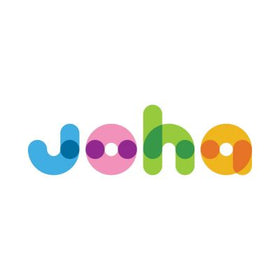 Joha logo farverig tekst på hvis baggrund